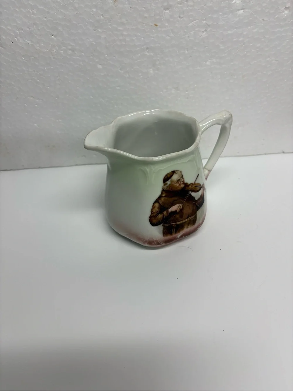 Antique German Porcelain Pitcher Transferware Monk Playing Violin